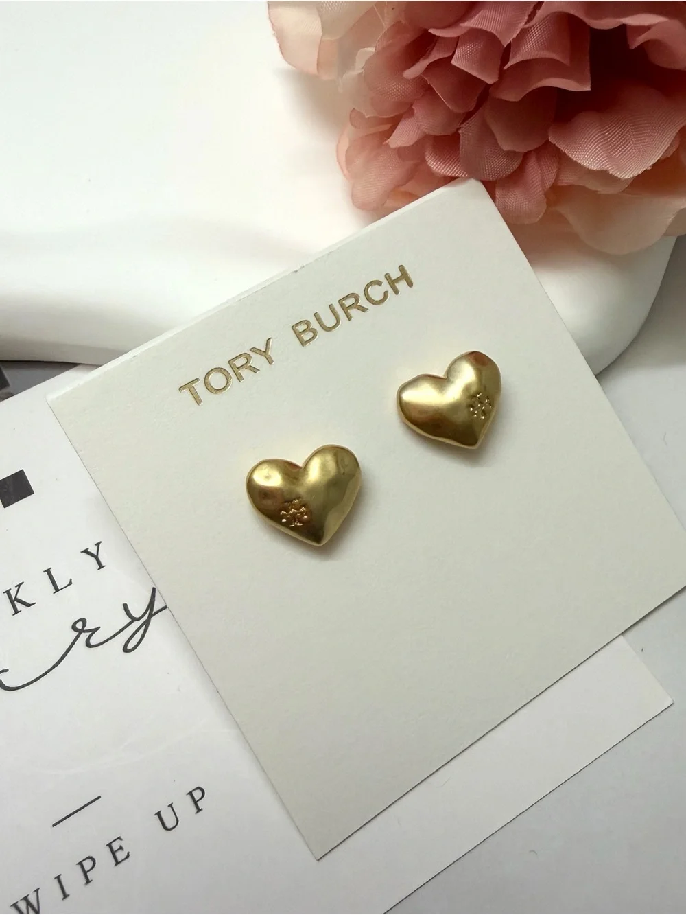Tory Burch Gold Heart Stud Earrings with Logo Detail